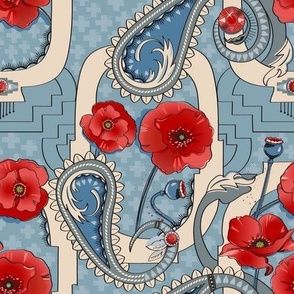 Paisley and Poppies in Blue