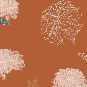 Large Vintage Rust Red and Blush Pink  Dahlias and Butterflies