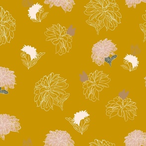 Medium Vintage Gold Warm Yellow and Blush Pink Dahlias and Butterflies
