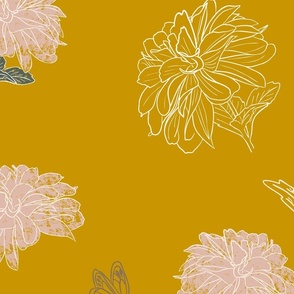 Large Vintage Gold Warm Yellow and Blush Pink Dahlias with butterflies 