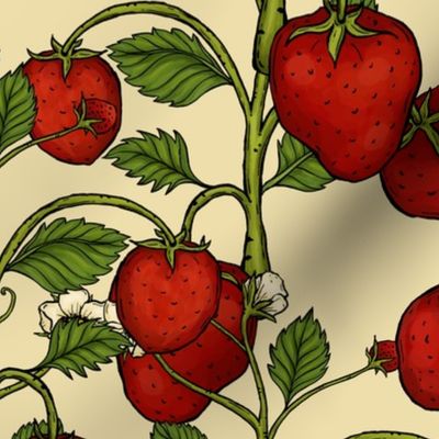 12 x 12 - Strawberry Vines with Fruits, Leaves, and Flowers - Directional Botanical Pattern - Rufous Red, Green, Vanilla Yellow