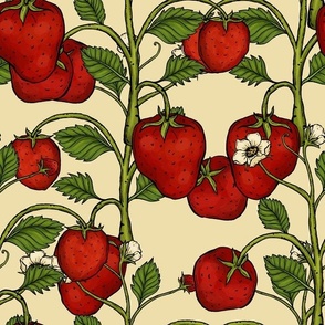 12 x 12 - Strawberry Vines with Fruits, Leaves, and Flowers - Directional Botanical Pattern - Rufous Red, Green, Vanilla Yellow