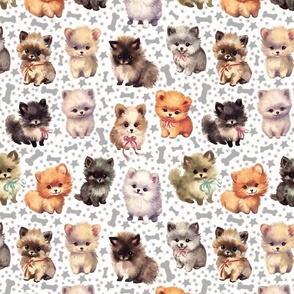 Cute Fluffy Pomeranian Puppy Parade: Whimsical & Colorful Playful Dogs w/ Stars and Bones on White Fabric-Wallpaper Medium