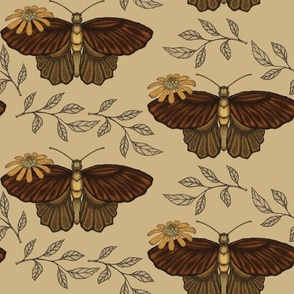 12x12 Vintage Butterflies, Flowers, and Leaves - Ecru, Seal Brown, Russet, and Bronze