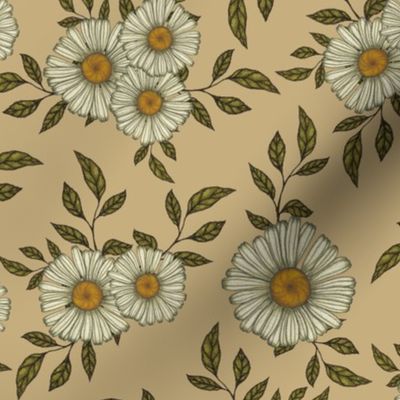 12x12 Vintage Style White Daisy Flowers and Green Leaves on Light Brown 