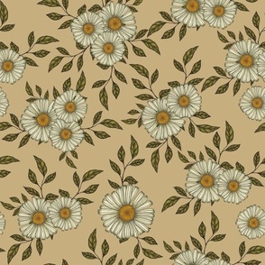 12x12 Vintage Style White Daisy Flowers and Green Leaves on Light Brown 