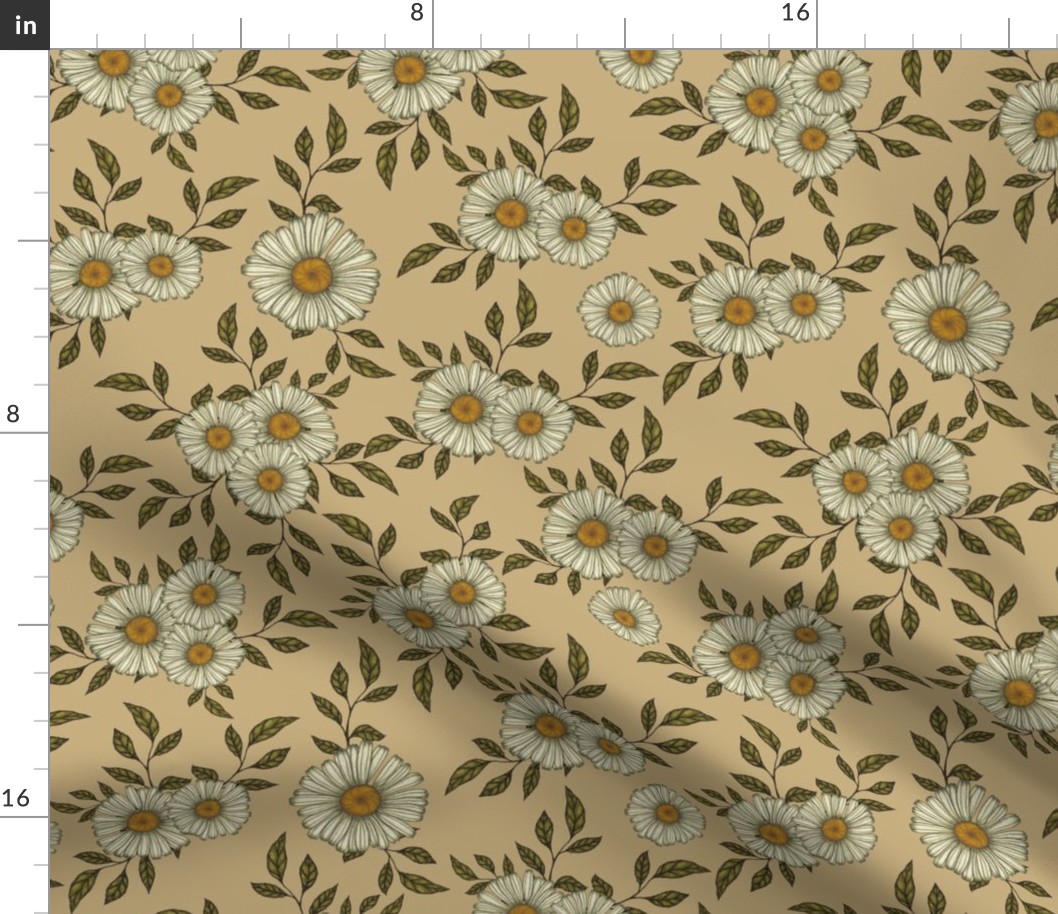 12x12 Vintage Style White Daisy Flowers and Green Leaves on Light Brown 