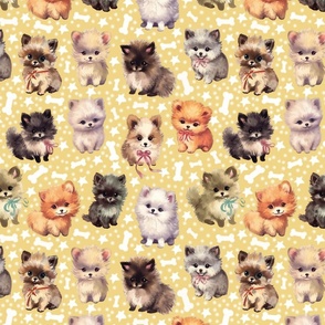 Cute Fluffy Pomeranian Puppy Parade: Whimsical & Colorful Playful Dogs w/ Stars and Bones on Yellow Fabric-Wallpaper Medium