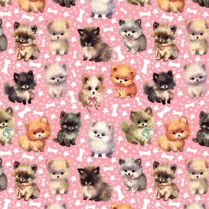 Cute Fluffy Pomeranian Puppy Parade: Whimsical & Colorful Playful Dogs w/ Stars and Bones on Pink Fabric-Wallpaper Medium