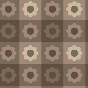 12" Neutral Gingham Geometric Flower Pattern - Umber and Khaki