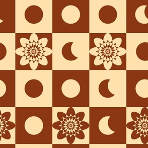 12" Peach and Brown Retro Celestial Checkers with Moon,  Crescent, and Passion Flower 