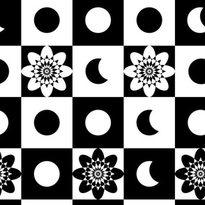 12" Black and White Celestial Checkers with Moon,  Crescent, and Passion Flower