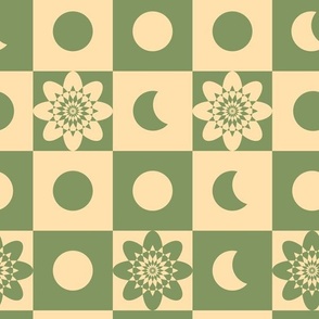 12" Retro Celestial Checkers with Moon,  Crescent, and Passion Flower - Peach and Moss Green