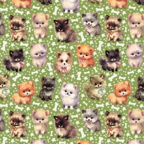 Cute Fluffy Pomeranian Puppy Parade: Whimsical & Colorful Playful Dogs w/ Stars and Bones on Green Fabric-Wallpaper Medium
