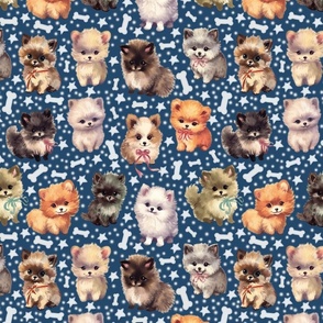 Cute Fluffy Pomeranian Puppy Parade: Whimsical & Colorful Playful Dogs w/ Stars and Bones on Blue Fabric-Wallpaper - Medium