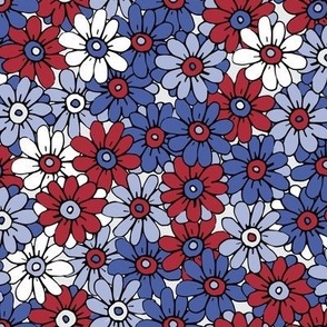 467 - Red, White and Blue hand drawn meadow daisy flowers for children's clothing, dresses, wallpaper - small scale 