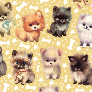 Cute Fluffy Pomeranian Puppy Parade: Whimsical & Colorful Playful Dogs w/ Stars and Bones on Yellow Fabric-Wallpaper Large