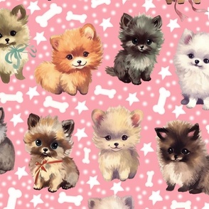 Cute Fluffy Pomeranian Puppy Parade: Whimsical & Colorful Playful Dogs w/ Stars and Bones on Pink Fabric-Wallpaper Large