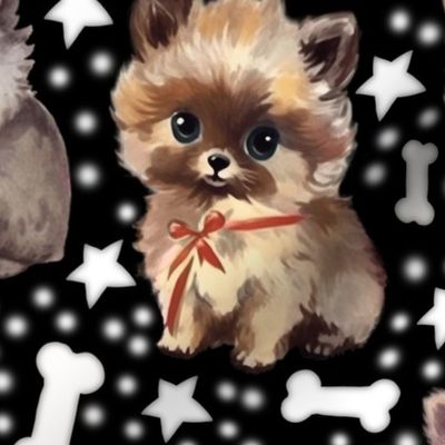 Cute Fluffy Pomeranian Puppy Parade: Whimsical & Colorful Playful Dogs w/ Stars and Bones on Black Fabric-Wallpaper Large