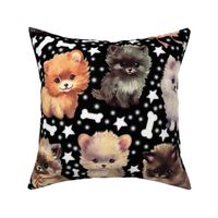 Cute Fluffy Pomeranian Puppy Parade: Whimsical & Colorful Playful Dogs w/ Stars and Bones on Black Fabric-Wallpaper Large