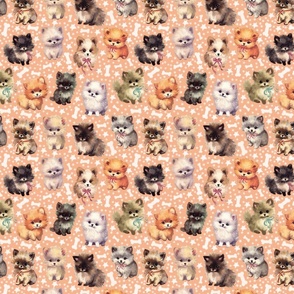 Cute Fluffy Pomeranian Puppy Parade: Whimsical & Colorful Playful Dogs w/ Stars and Bones on Pastel Peach Fabric-Wallpaper Large