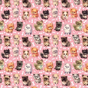 Cute Fluffy Pomeranian Puppy Parade: Whimsical & Colorful Playful Dogs w/ Stars and Bones on Pink Fabric-WallpaperSmall