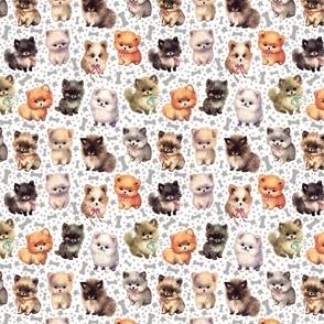 Cute Fluffy Pomeranian Puppy Parade: Whimsical & Colorful Playful Dogs w/ Stars and Bones on White Fabric-Wallpaper Small