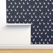 Tangram birds in white on navy (five ducks in a row)