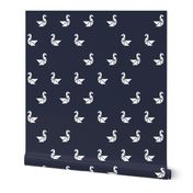 Tangram birds in white on navy (five ducks in a row)