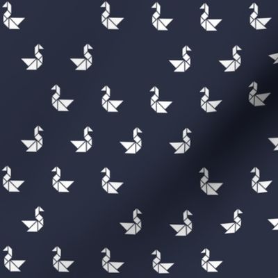 Tangram birds in white on navy (five ducks in a row)