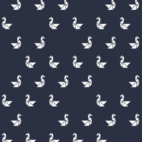 Tangram birds in white on navy (five ducks in a row)