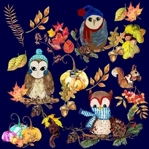 Owls And Friends Chill In Autumn Leaves