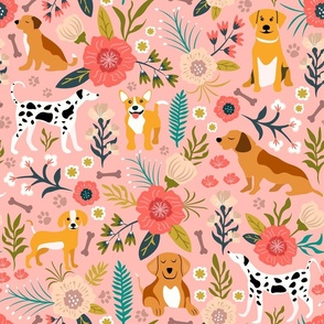 Dogs and Floral Pattern - Pink