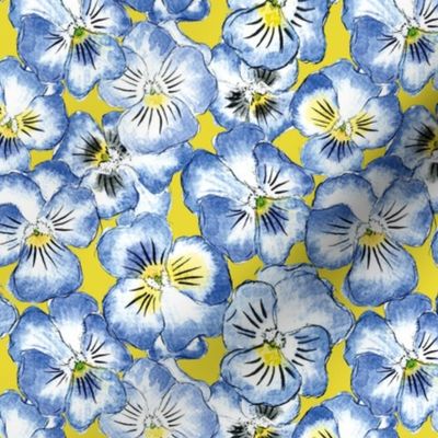 Loose Watercolor Blue Pansies Floral Pattern Yellow Mustard