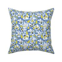 Loose Watercolor Blue Pansies Floral Pattern Yellow Mustard