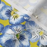 Loose Watercolor Blue Pansies Floral Pattern Yellow Mustard