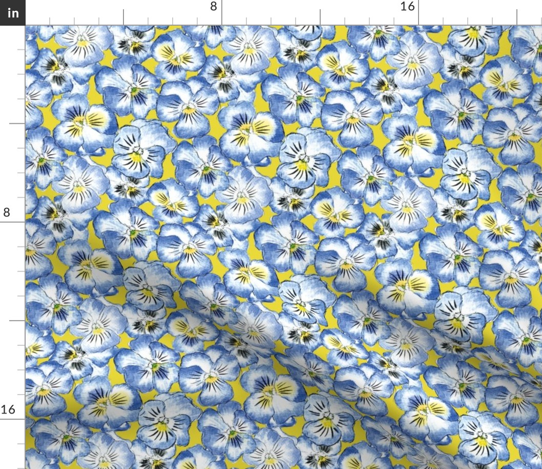 Loose Watercolor Blue Pansies Floral Pattern Yellow Mustard