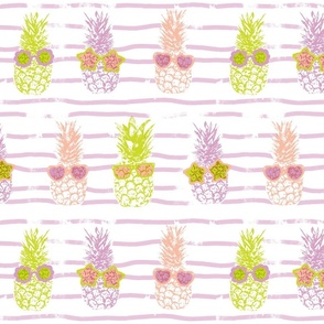 fun tropical pineapples in sunglasses on white and lilac stripes - white lilac purple peach pink and lime green