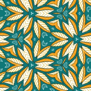 Vintage large scale leaf geometric pattern in green,white and yellow