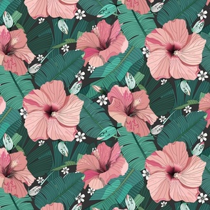 Summer Hibiscus Vibes - Soft Pink and Muted Teal (Large)