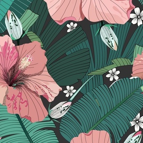 Summer Hibiscus Vibes - Soft Pink and Muted Teal (Extra Large)