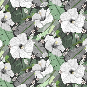 Exotic Hibiscus Vibes - White/Grey and Shades of Muted Green (Large)