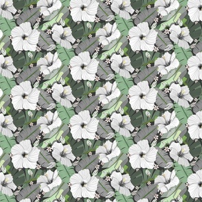 Exotic Hibiscus Vibes - White/Grey and Shades of Muted Green (Medium)