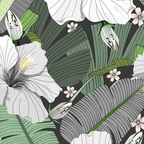 Exotic Hibiscus Vibes - White/Grey and Shades of Muted Green (Extra Large)
