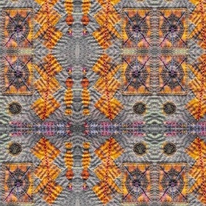 Ethnic fabric embellished with hand embroidery, photographed and mirrored faux embroidery, textures, slow stitching 6” repeat orange, yellow earthy hues with grey