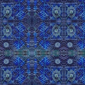 Ethnic fabric embellished with hand embroidery, photographed and mirrored faux embroidery, textures, slow stitching 6 “ repeat  ultramarine blue and denim blue