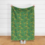 Exotic Summer Rainforest Jungle Beauty:   A Vintage Mysterious Botanical Pattern Featuring leaves, yellow blossoms and colorful Tropical birds and fruits on shiny green double layer