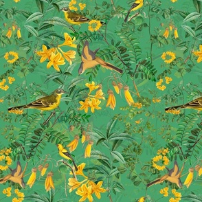 Exotic Summer Rainforest Jungle Beauty:   A Vintage Mysterious Botanical Pattern Featuring leaves, yellow blossoms and colorful Tropical birds and fruits on shiny green double layer