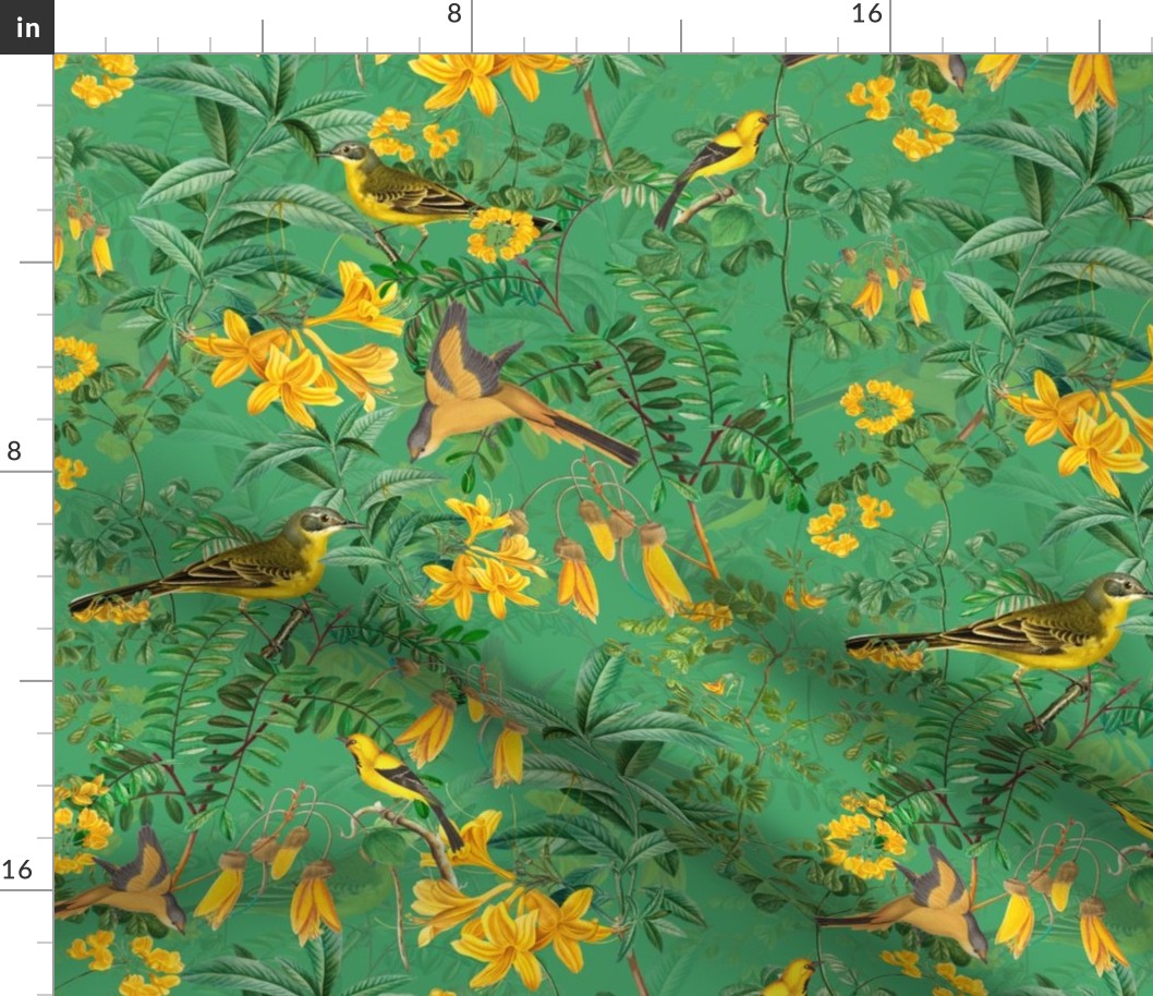 Exotic Summer Rainforest Jungle Beauty:   A Vintage Mysterious Botanical Pattern Featuring leaves, yellow blossoms and colorful Tropical birds and fruits on shiny green double layer