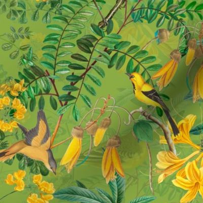 Exotic Summer Rainforest Jungle Beauty:   A Vintage Mysterious Botanical Pattern Featuring leaves, yellow blossoms and colorful Tropical birds and fruits on spring green double layer